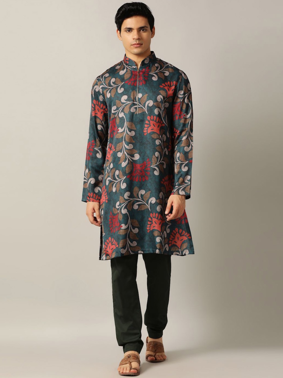 

THE KURTA COMPANY Floral Printed Mandarin Collar Regular Straight Kurta, Blue