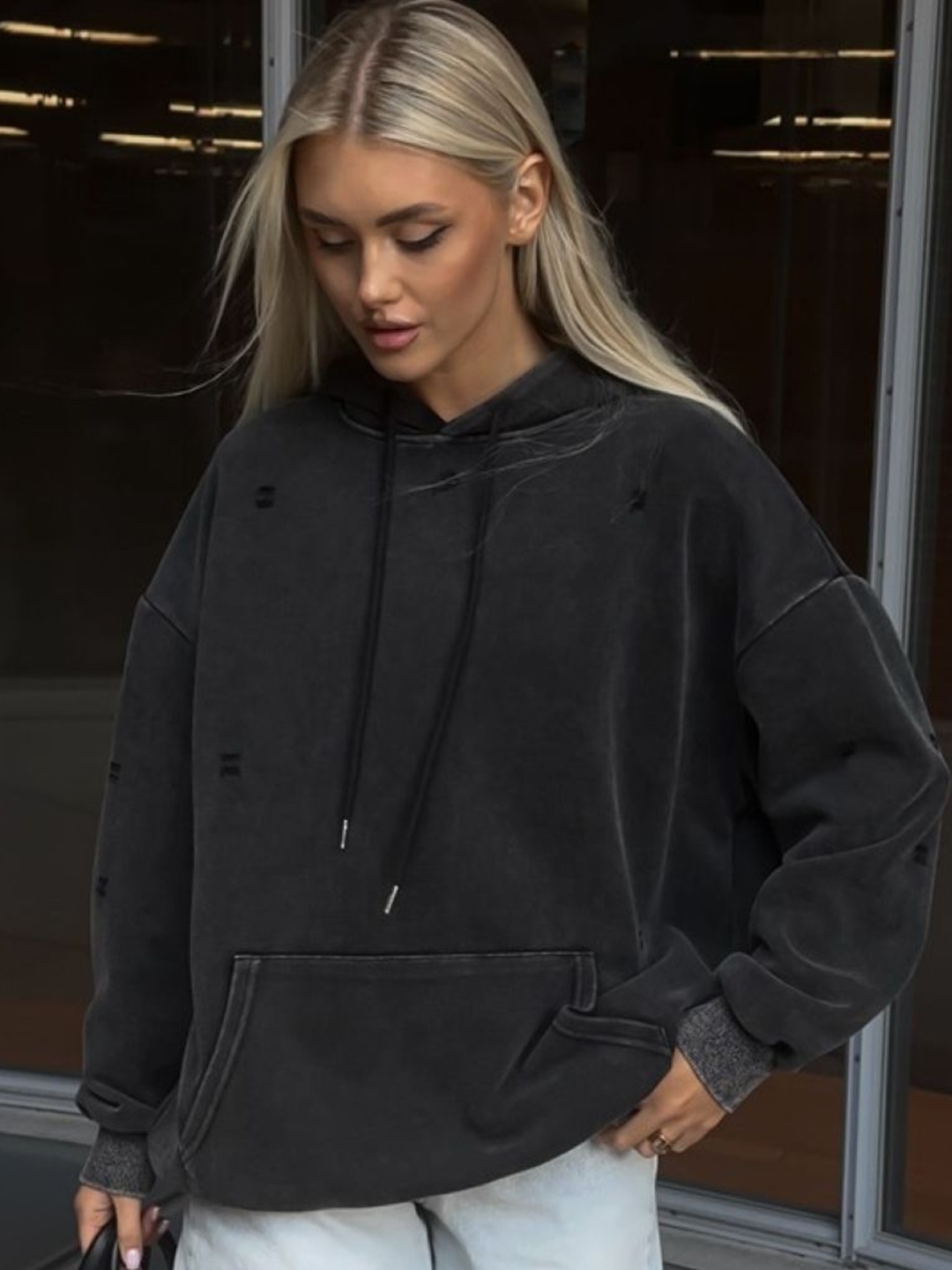 

HERE&NOW Women Long Sleeves Hooded Pullover Sweatshirt, Black