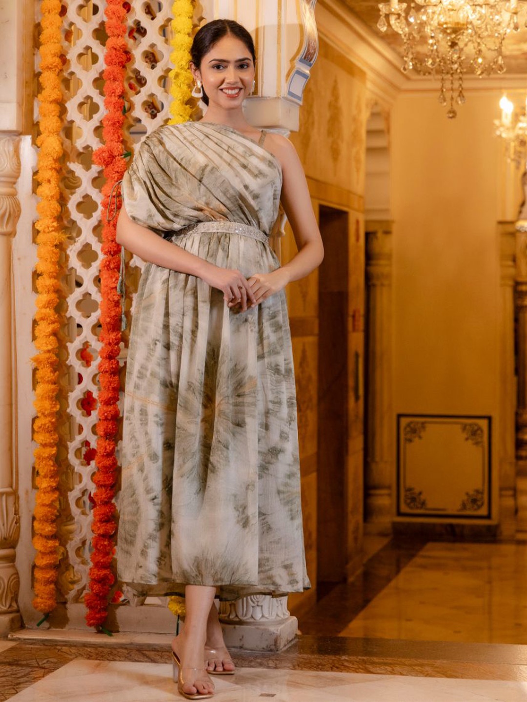 

KALINI Women Ethnic Motifs Printed One Shoulder Gown Dress, Beige