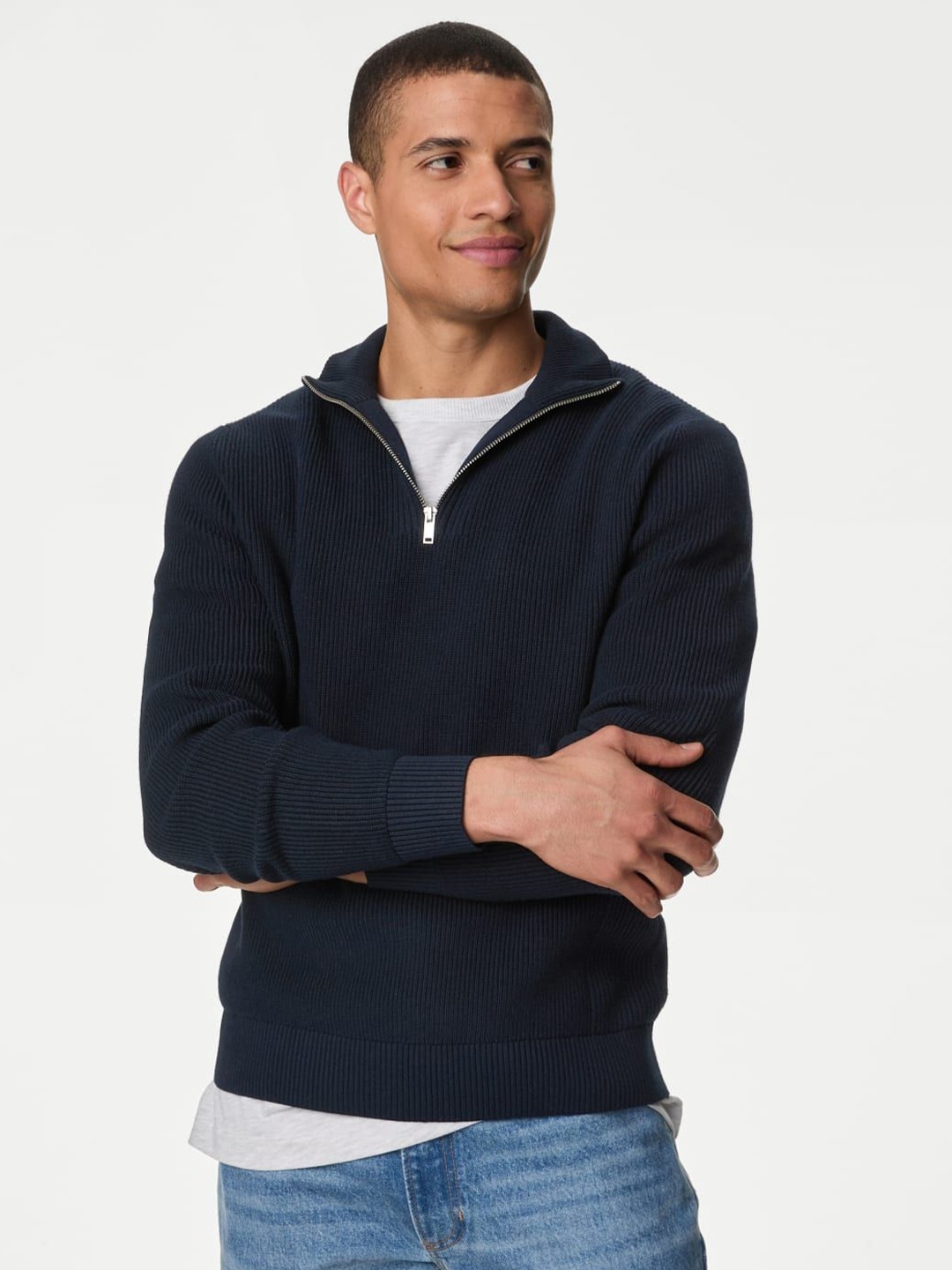 

Marks & Spencer Men Ribbed Mock Collar Long Sleeves Casual Pullover, Navy blue