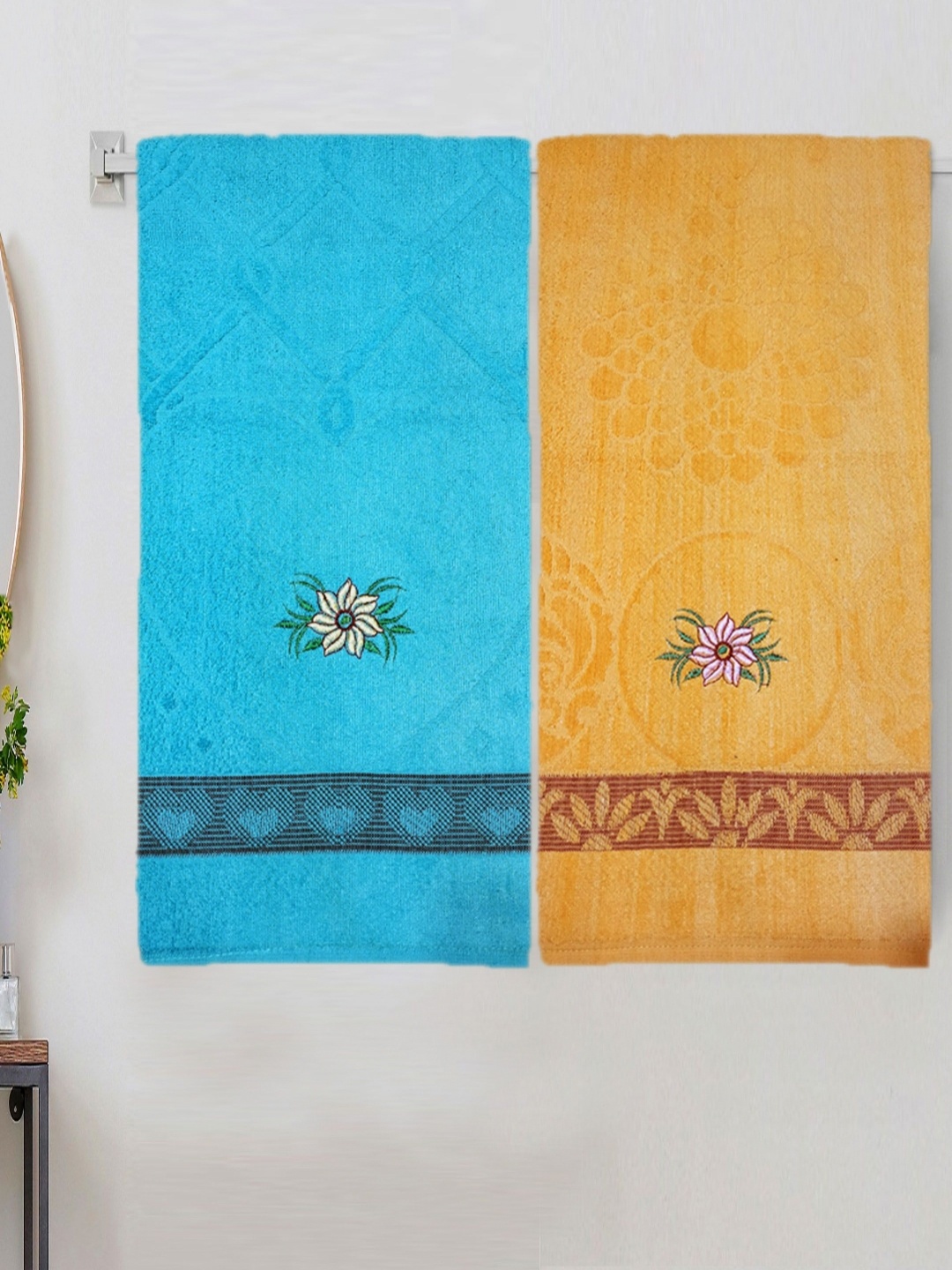 

ANA Turquoise Blue & Yellow 2 Pieces Floral Printed Cotton 400 GSM Bath Towel