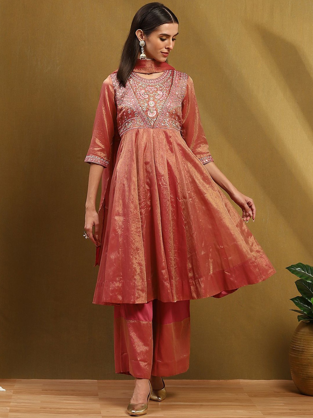 

Biba Floral Embroidered Pure Cotton Anarkali Kurta With Palazzos & Dupatta, Pink