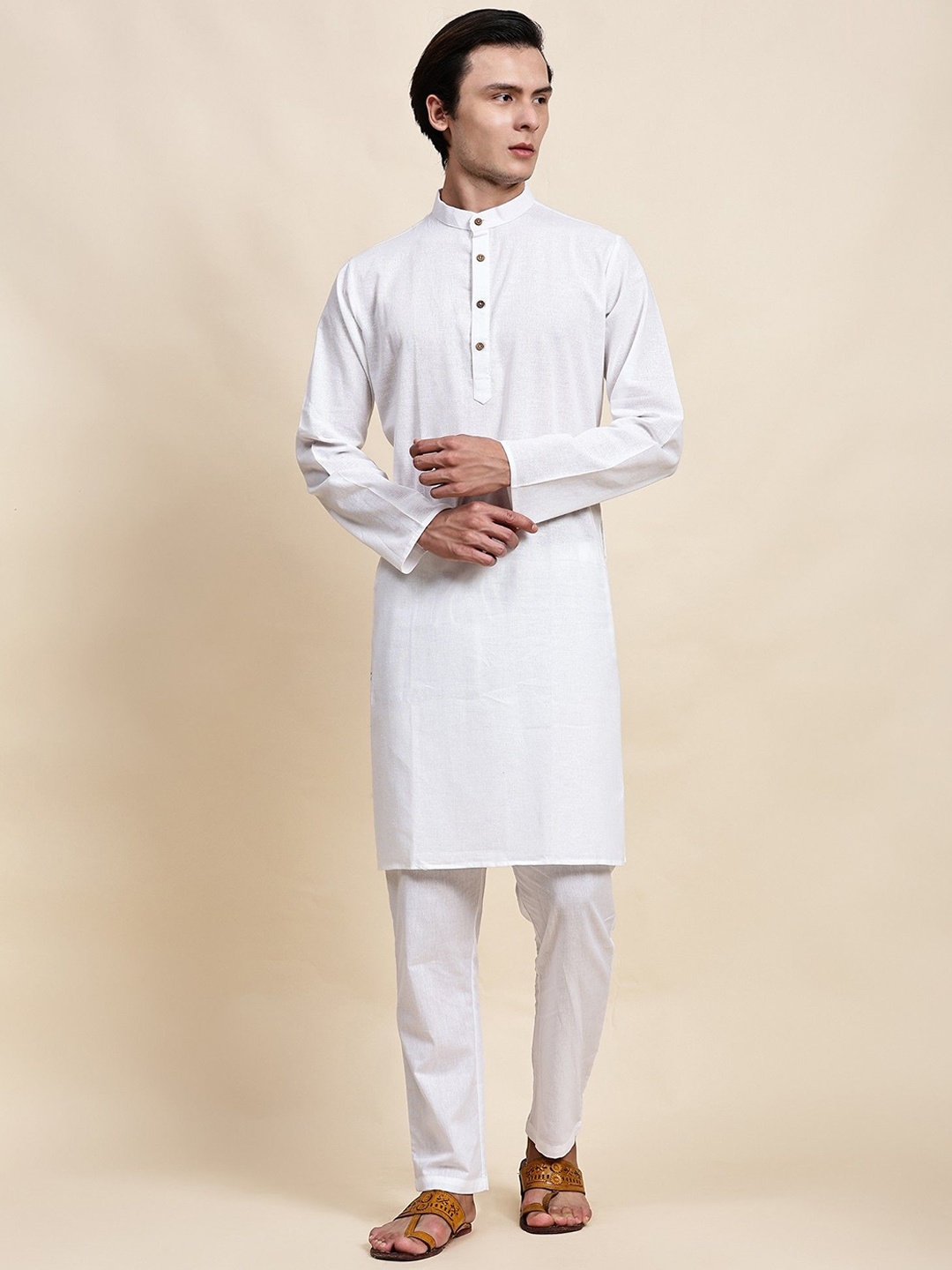 

SKAVIJ Mandarin Collar Regular Cotton Linen Straight Kurta with Pyjamas, White