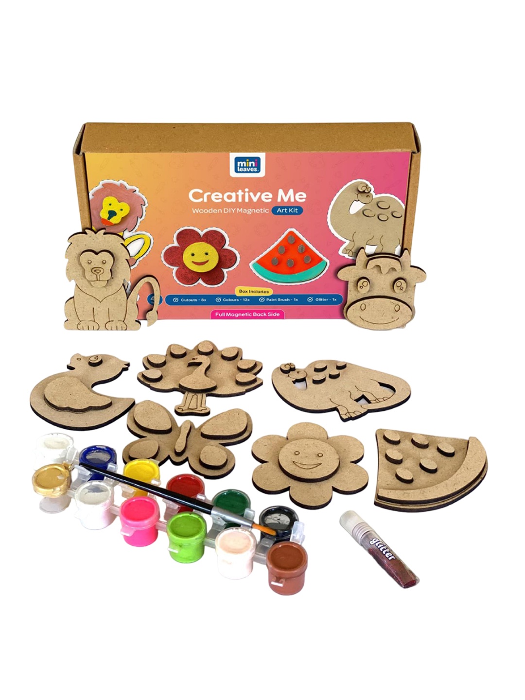 

Mini Leaves Kids 12 Coloured Paints With Wooden Magnet Art & Craft, Brown