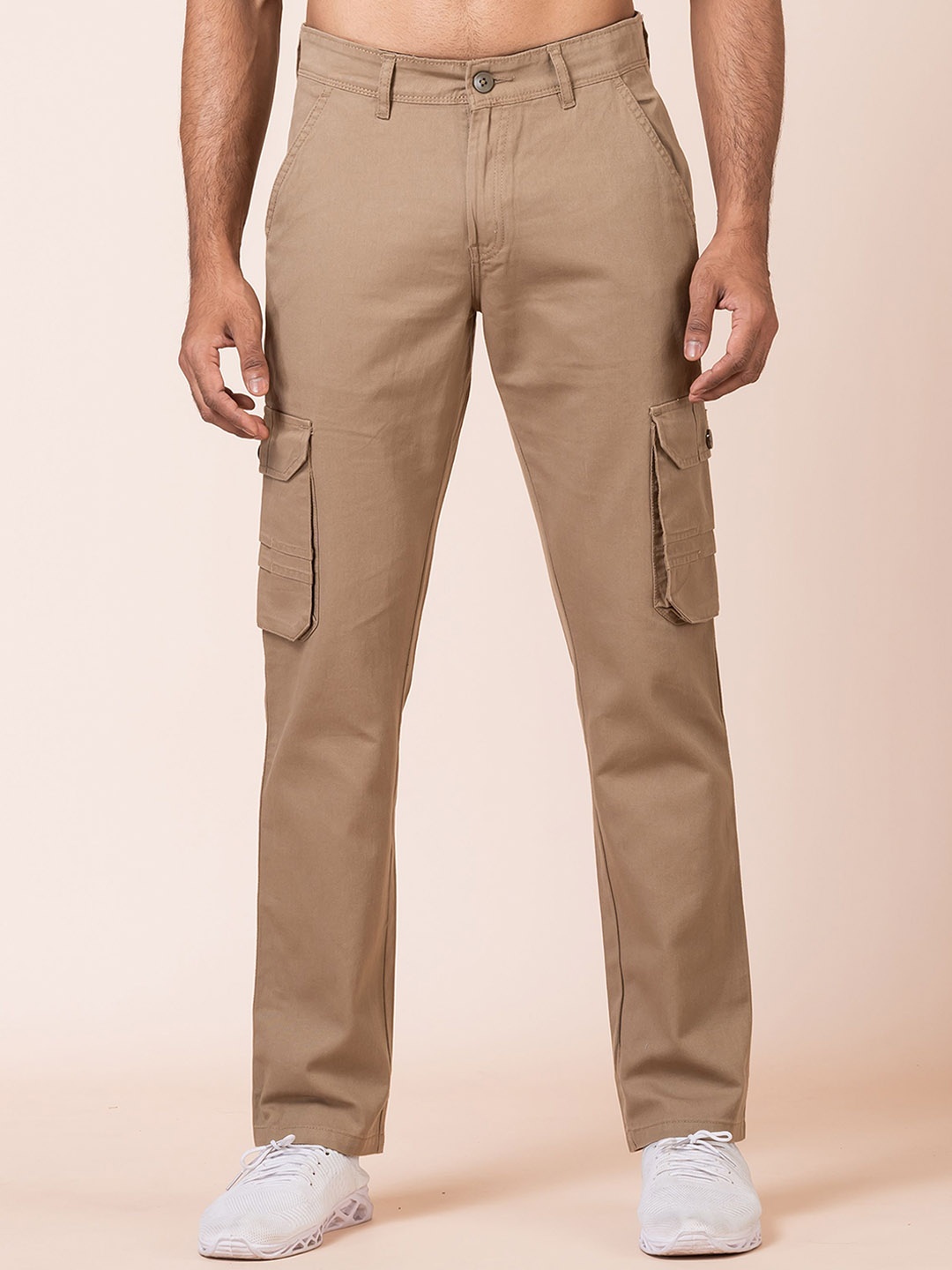 

AFLASH Men Cotton High-Rise Light Fade Relaxed Fit Cargo Trousers, Khaki