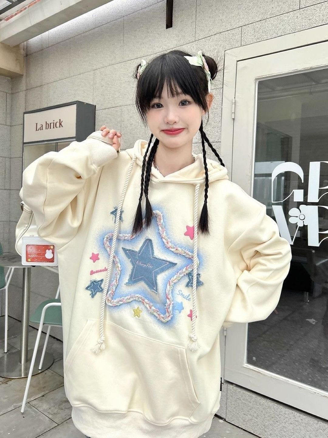

KPOP Women Printed Hooded Long Sleeves Sweatshirt, Cream