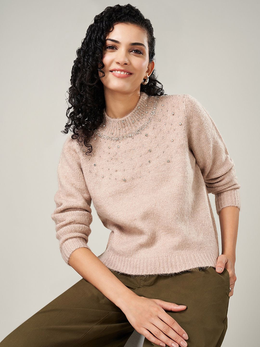 

Honey by Pantaloons Women Long Sleeves Pullover Sweater, Khaki