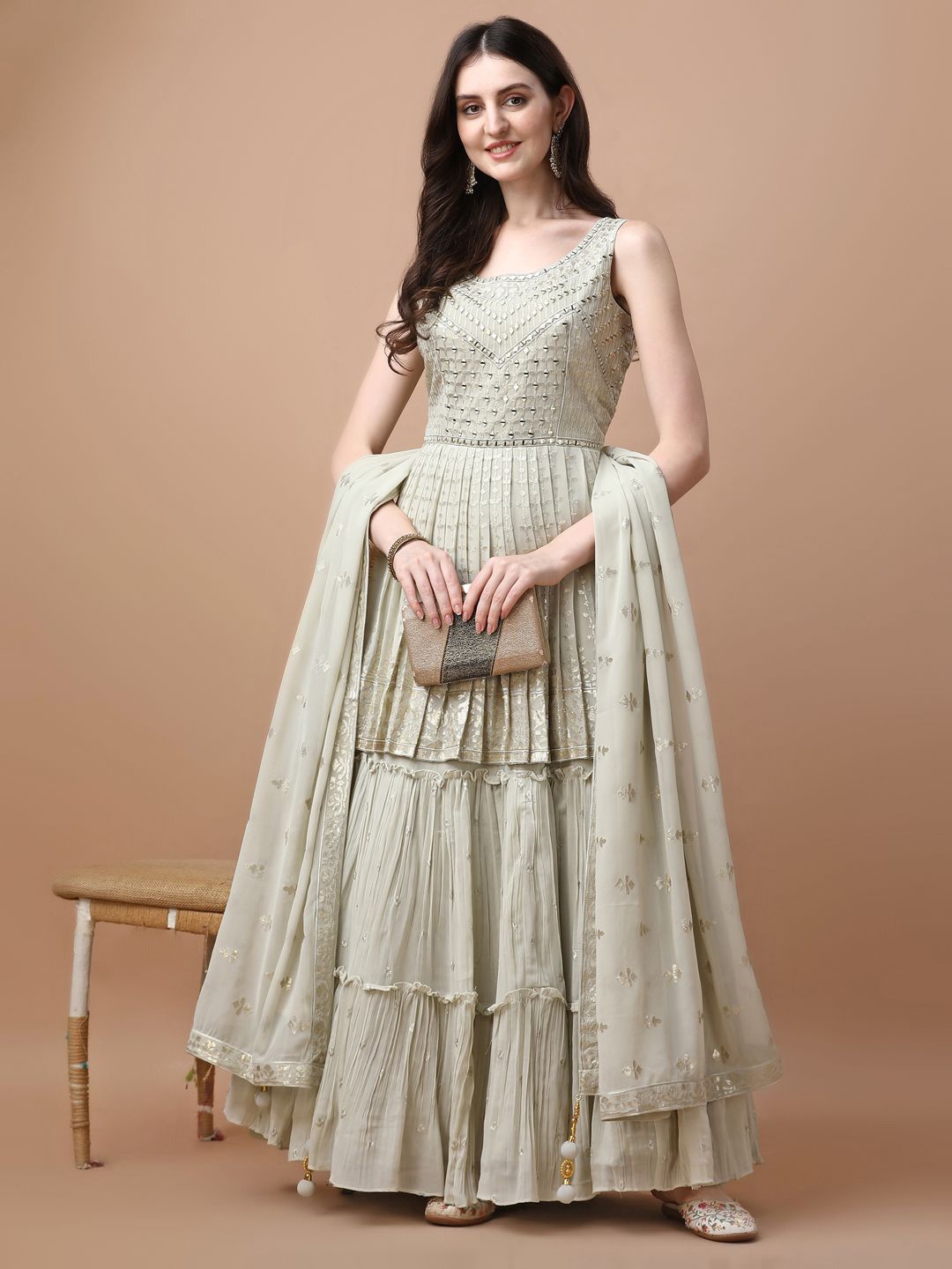 

VANAKARA Embellished Sequinned Ready to Wear Lehenga & Blouse With Dupatta, Khaki