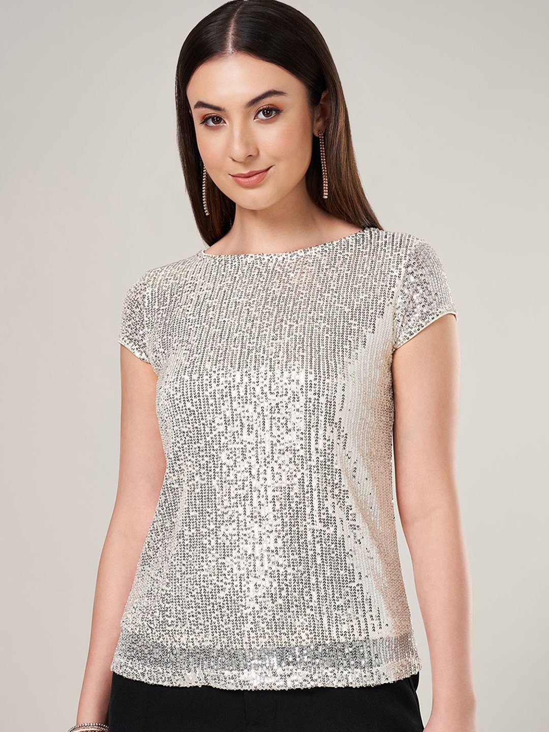 

Annabelle by Pantaloons Women Embellished Sequined Regular Top, Silver