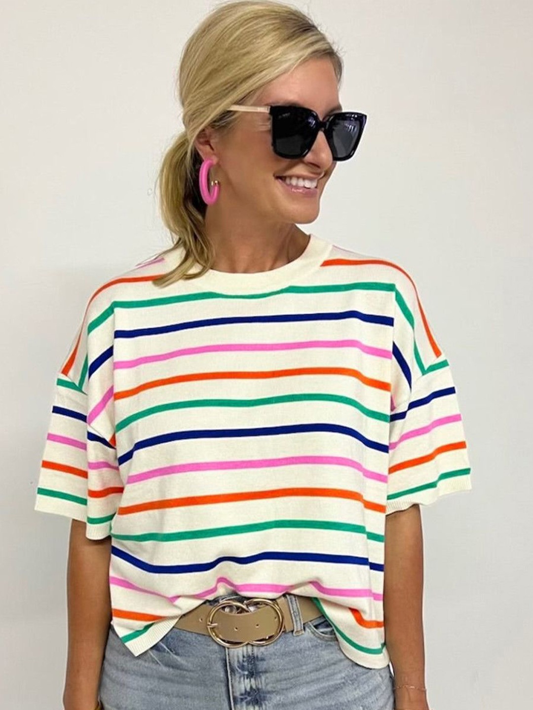 

HERE&NOW Women Horizontal Stripes Extended Sleeves Top, Multi