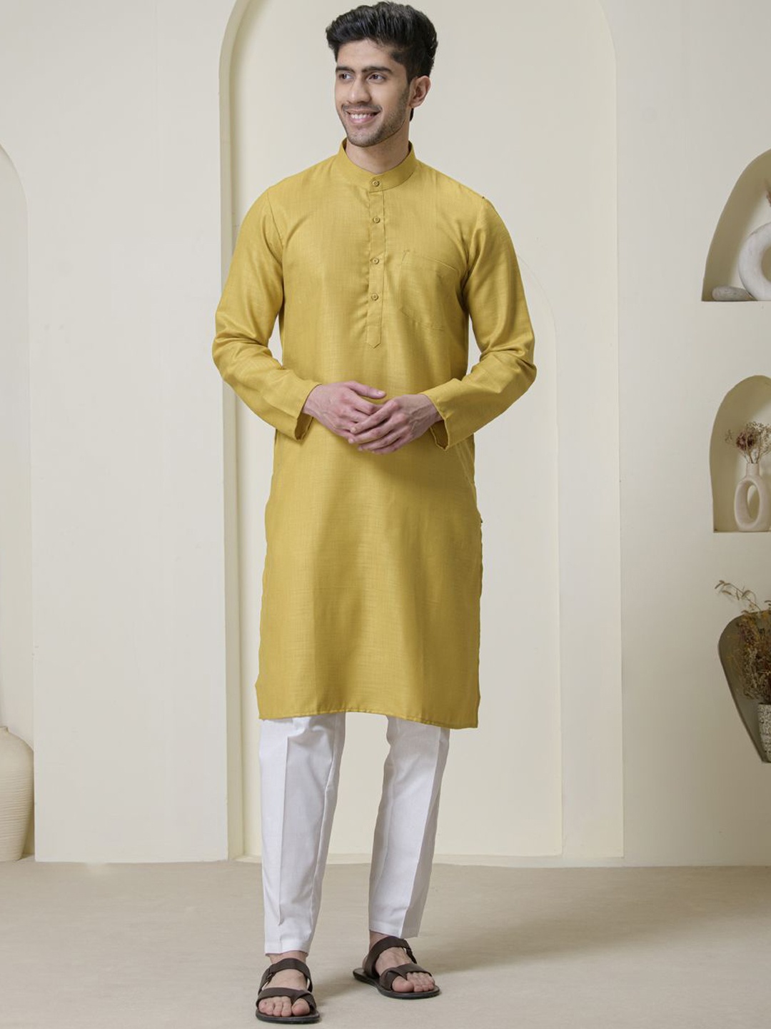 

Satwaa Mandarin Collar Long Sleeves Cotton Straight Kurta, Mustard