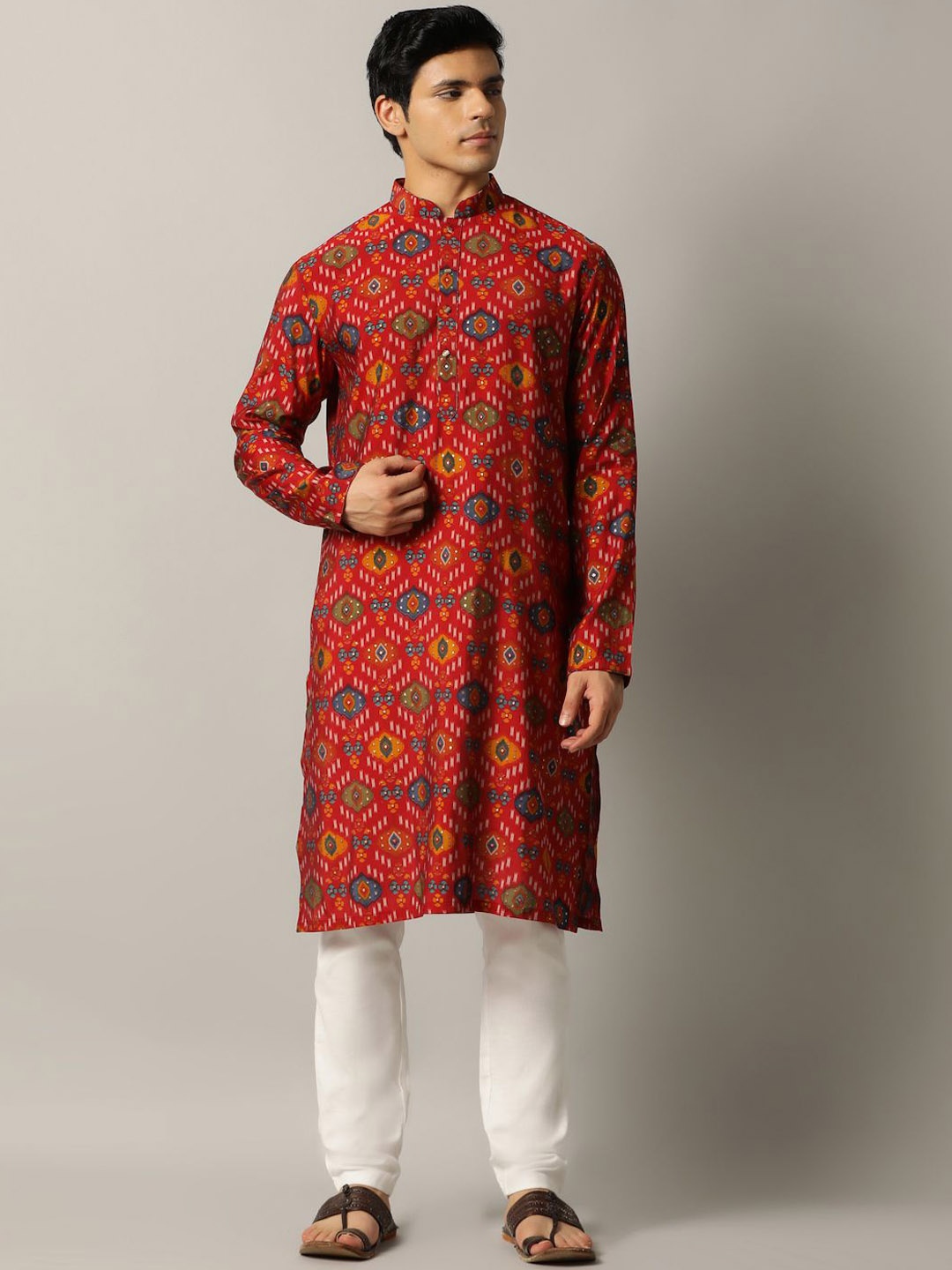 

THE KURTA COMPANY Ethnic Motifs Printed Mandarin Collar Straight Kurta, Red