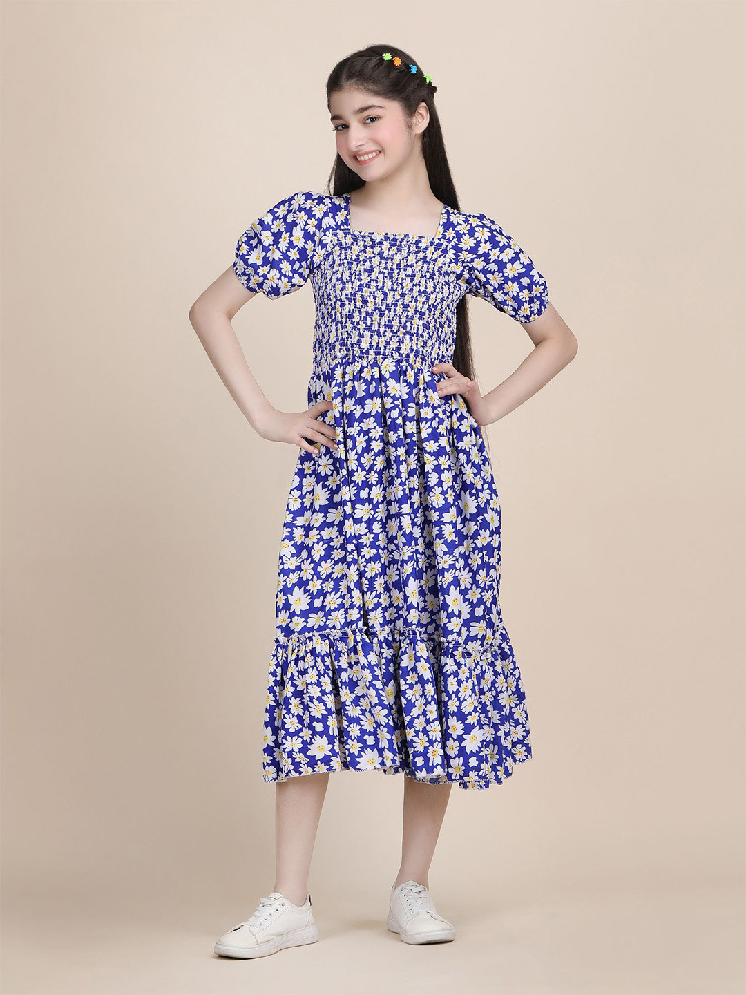 

DEKLOOK Girls Floral Printed Smocked Fit & Flare Dress, Blue