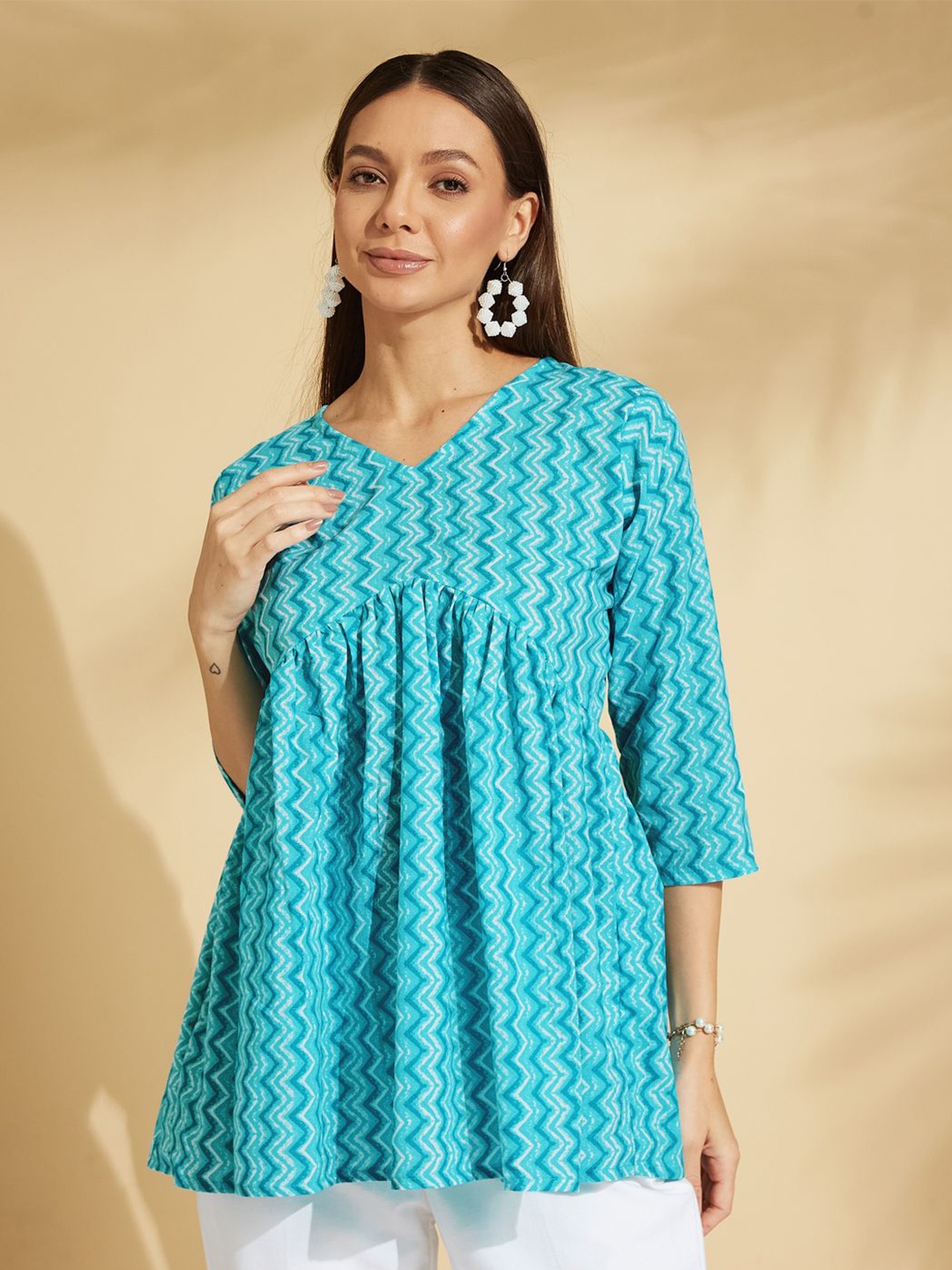 

Fabclub Women Printed Cotton V- Neck Top, Turquoise blue