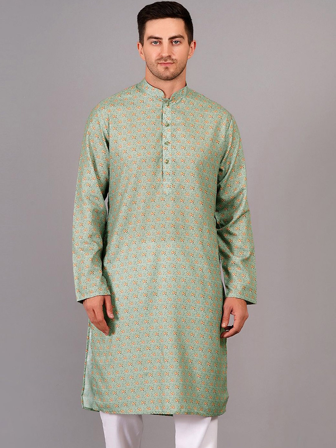 

SG LEMAN Mandarin Collar Floral Printed Straight Cotton Kurta, Sea green