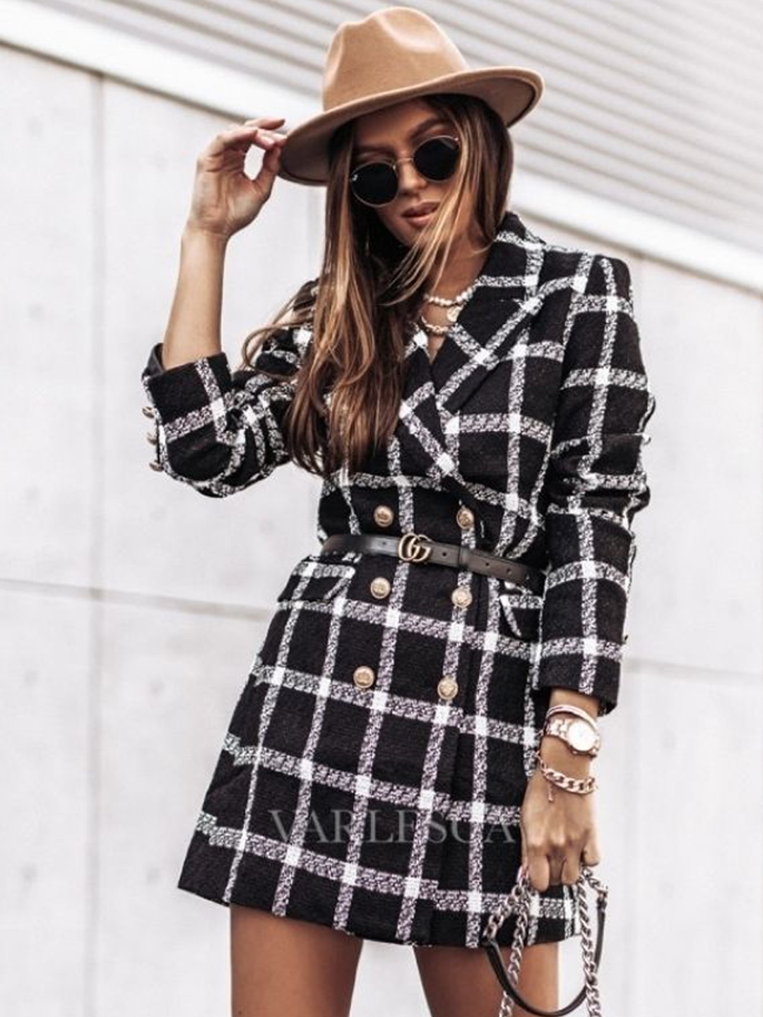 

HERE&NOW Women Checked Open Front Jacket, Black