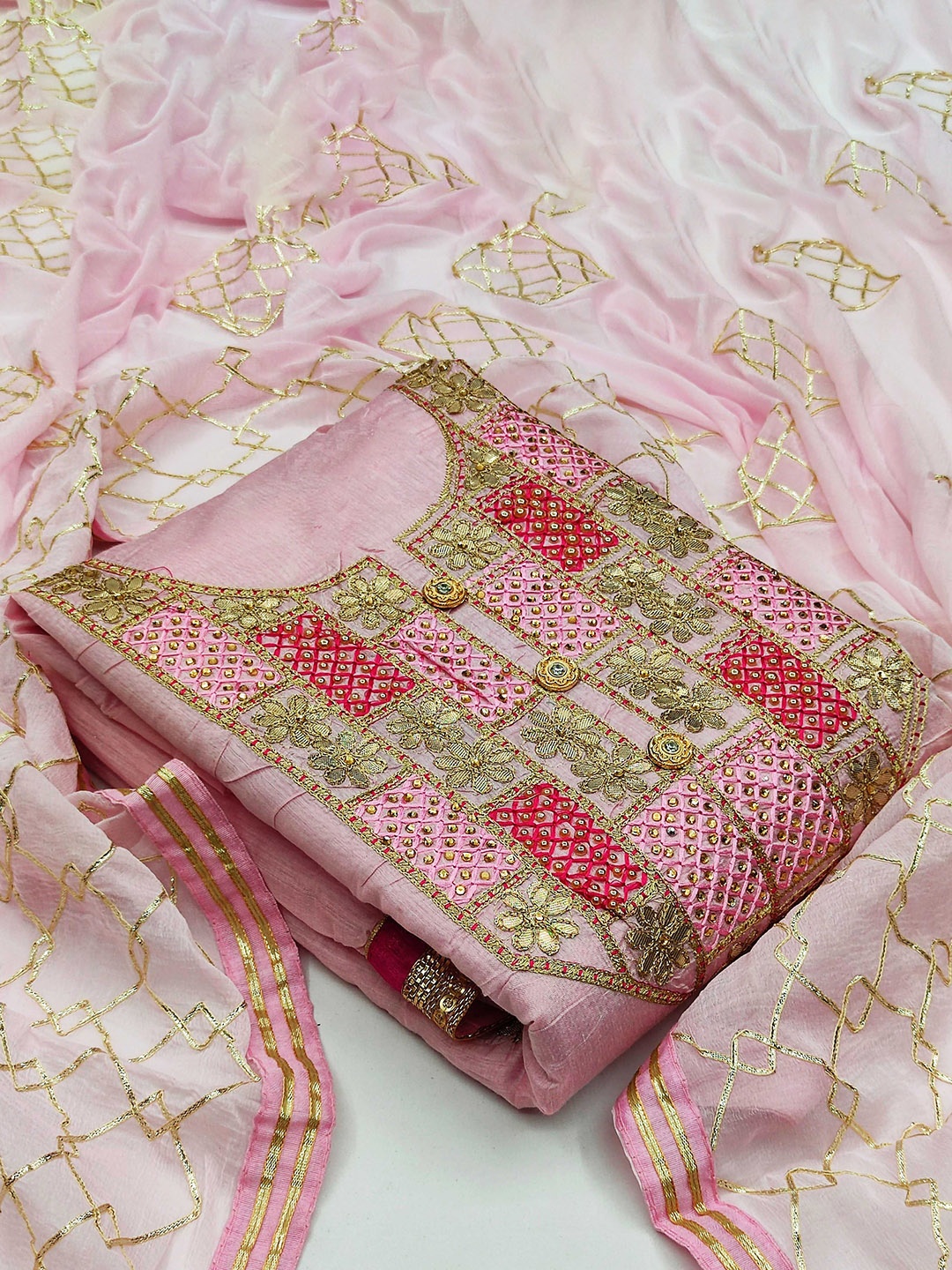 

Maroosh Beads & Stones Floral Embellished Unstitched Dress Material, Pink
