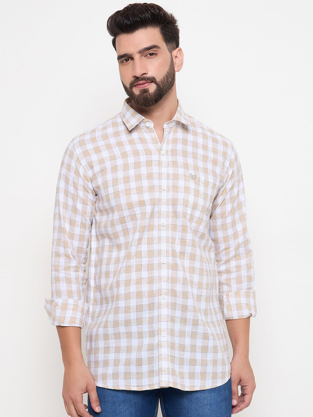 

Duke Men Slim Fit Opaque Checked Casual Shirt, Beige