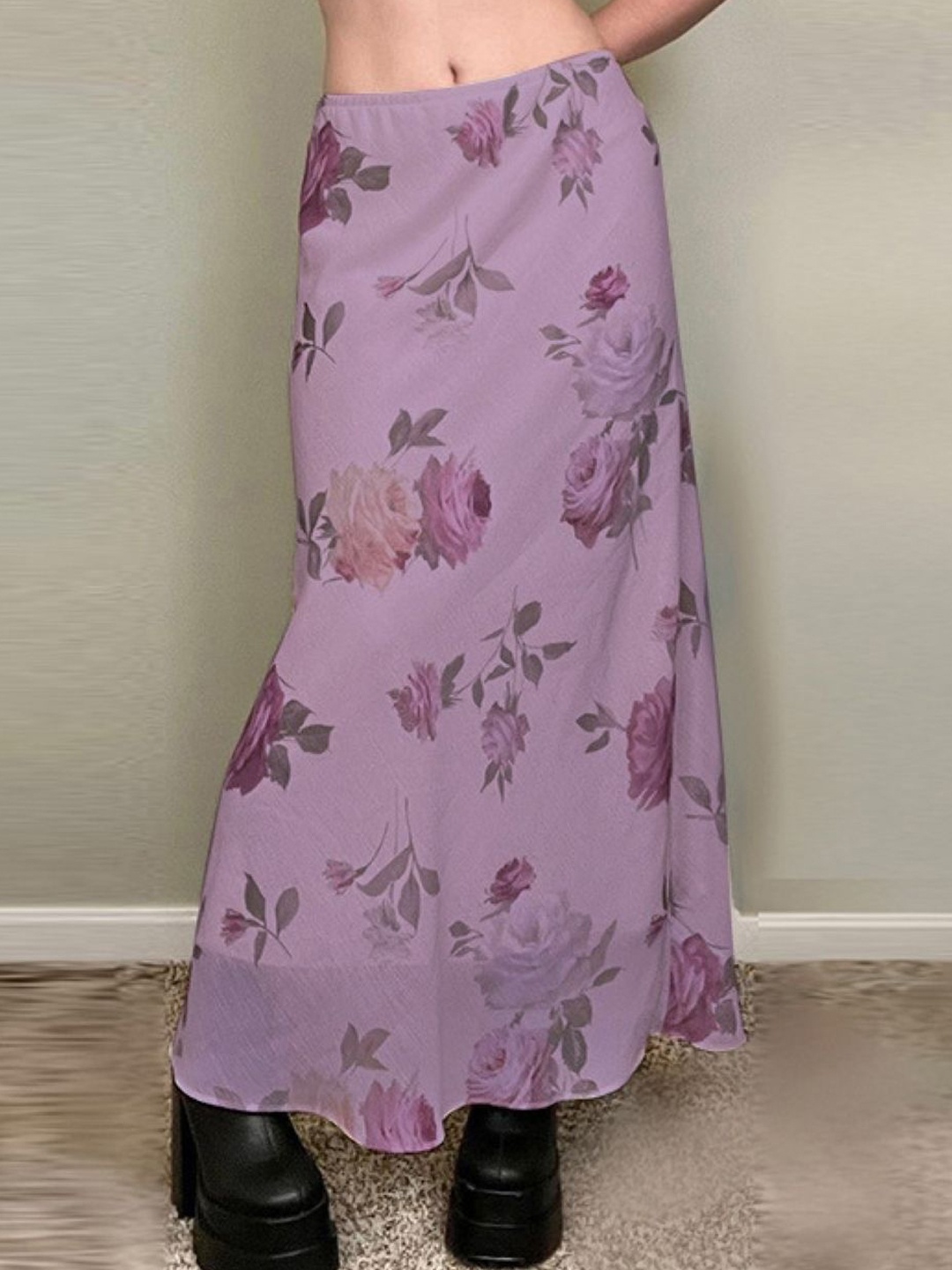 

KPOP Women Floral Printed Straight Maxi Skirt, Purple