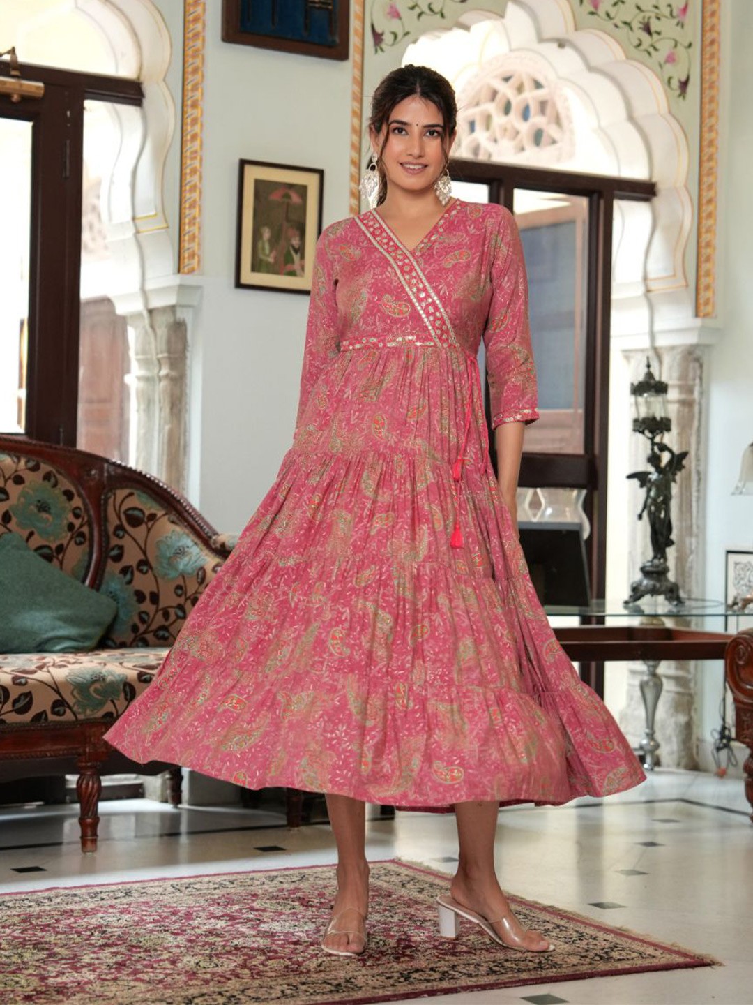 

KALINI Ethnic Motifs Print Maxi Dress, Peach