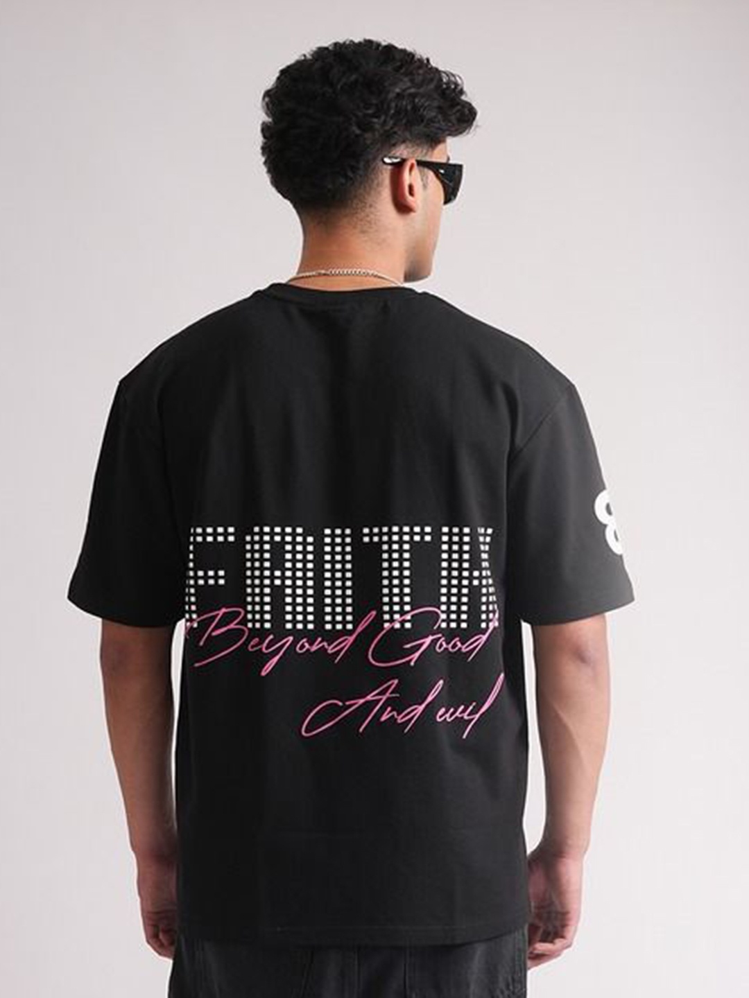 

Bad and Boujee Unisex Typography Printed Drop-Shoulder Sleeves Tropical Applique T-shirt, Black