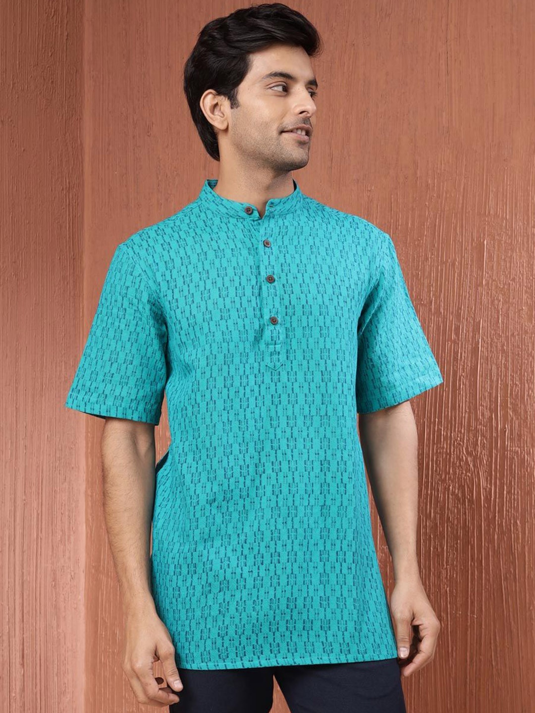 

Fabindia Geometric Printed Mandarin Collar Cotton Straight Kurta, Turquoise blue