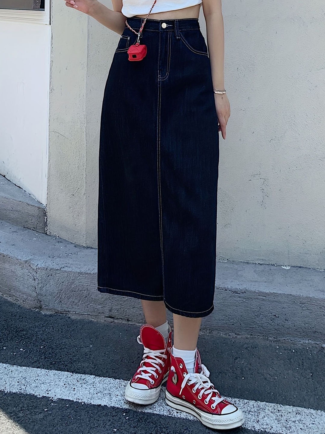 

StyleCast Women Denim A-Line Midi Skirt, Navy blue