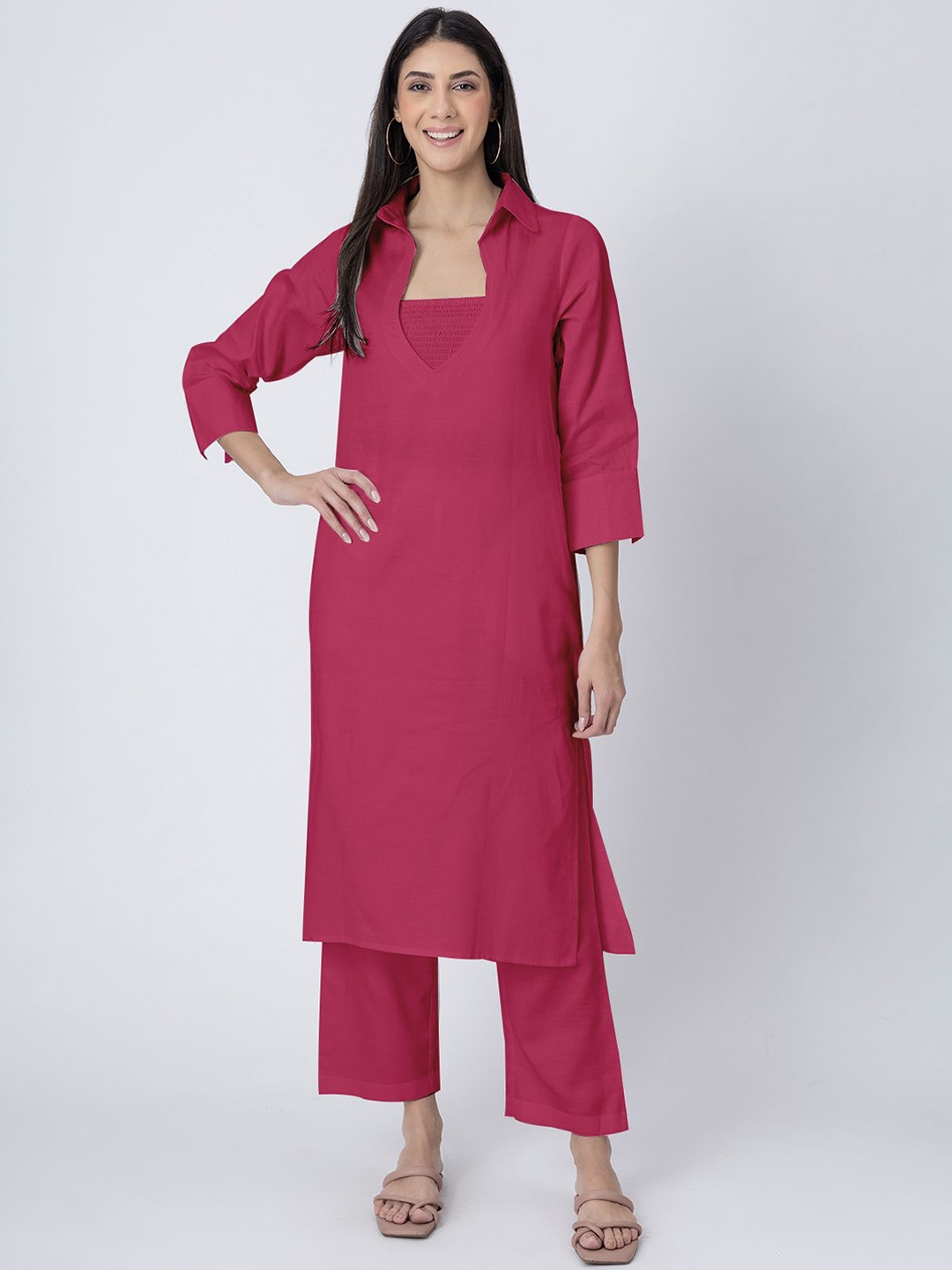 

Moomaya Shirt Collar Pure Cotton Kurta with Trouser and Tube Top, Magenta