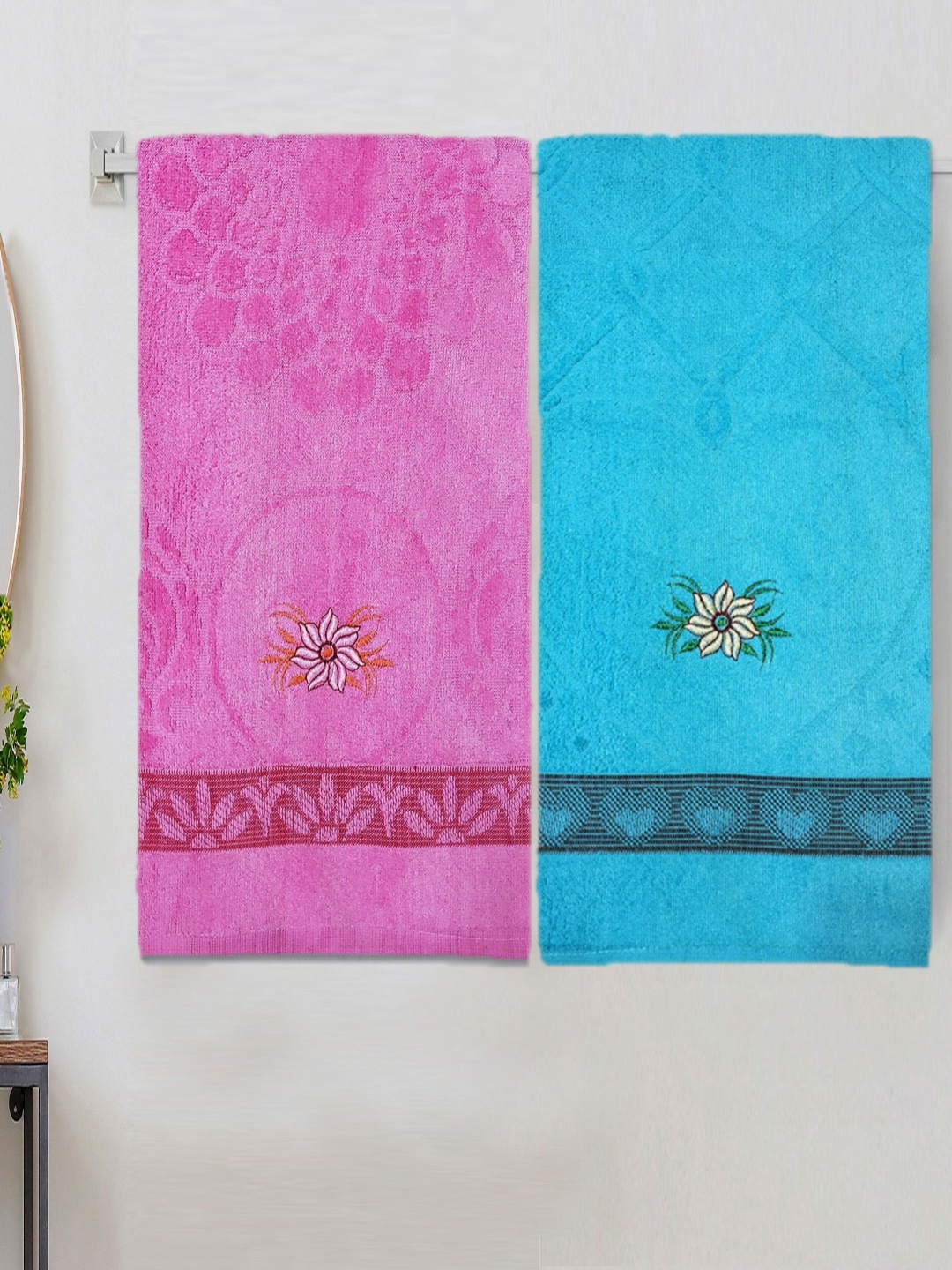 

ANA Turquoise Blue & Pink 2 Pieces Floral Printed Cotton 400 GSM Bath Towels