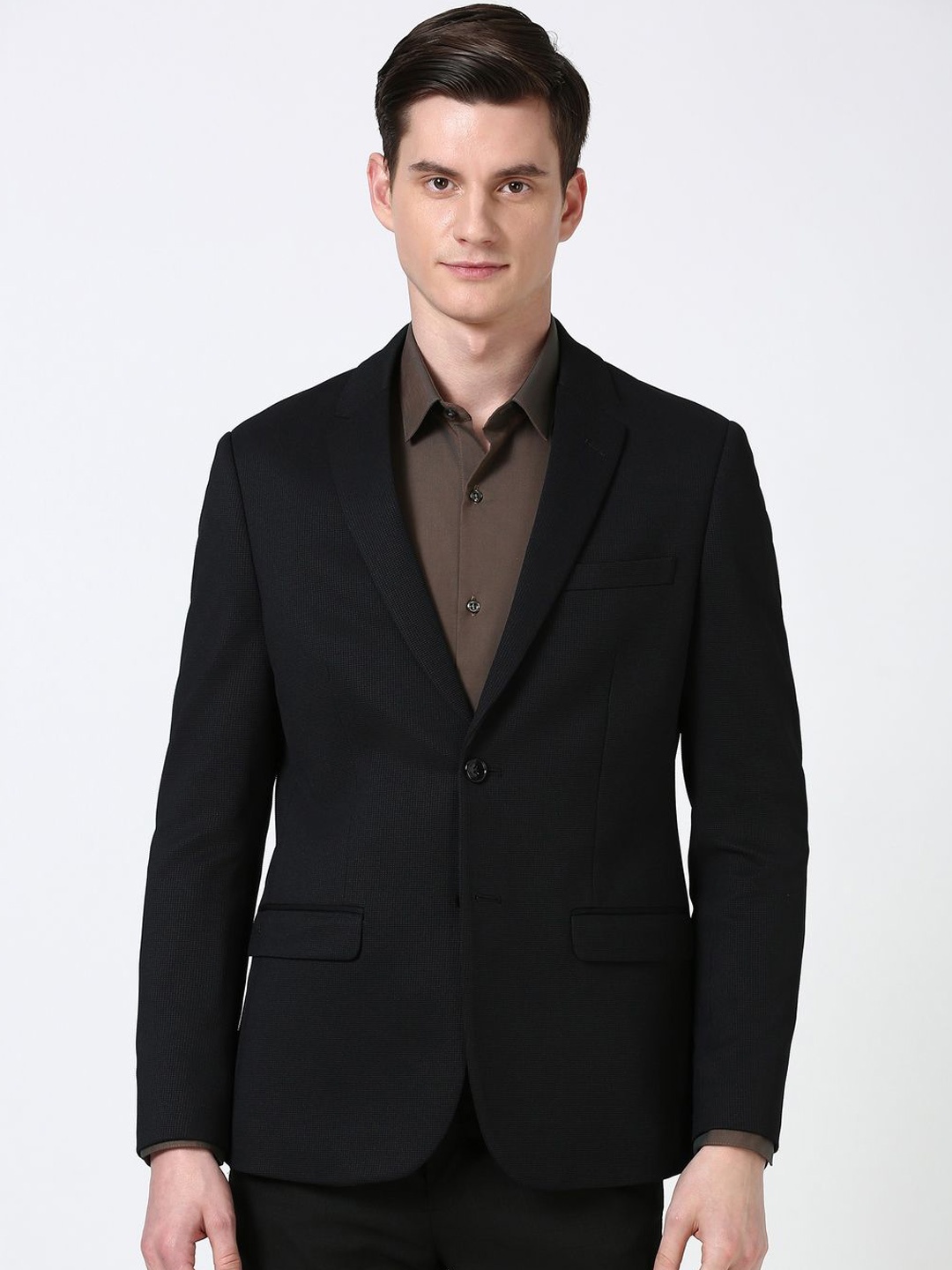 

Peter England Elite Self Design Slim Fit Single Breasted Formal Blazer, Black