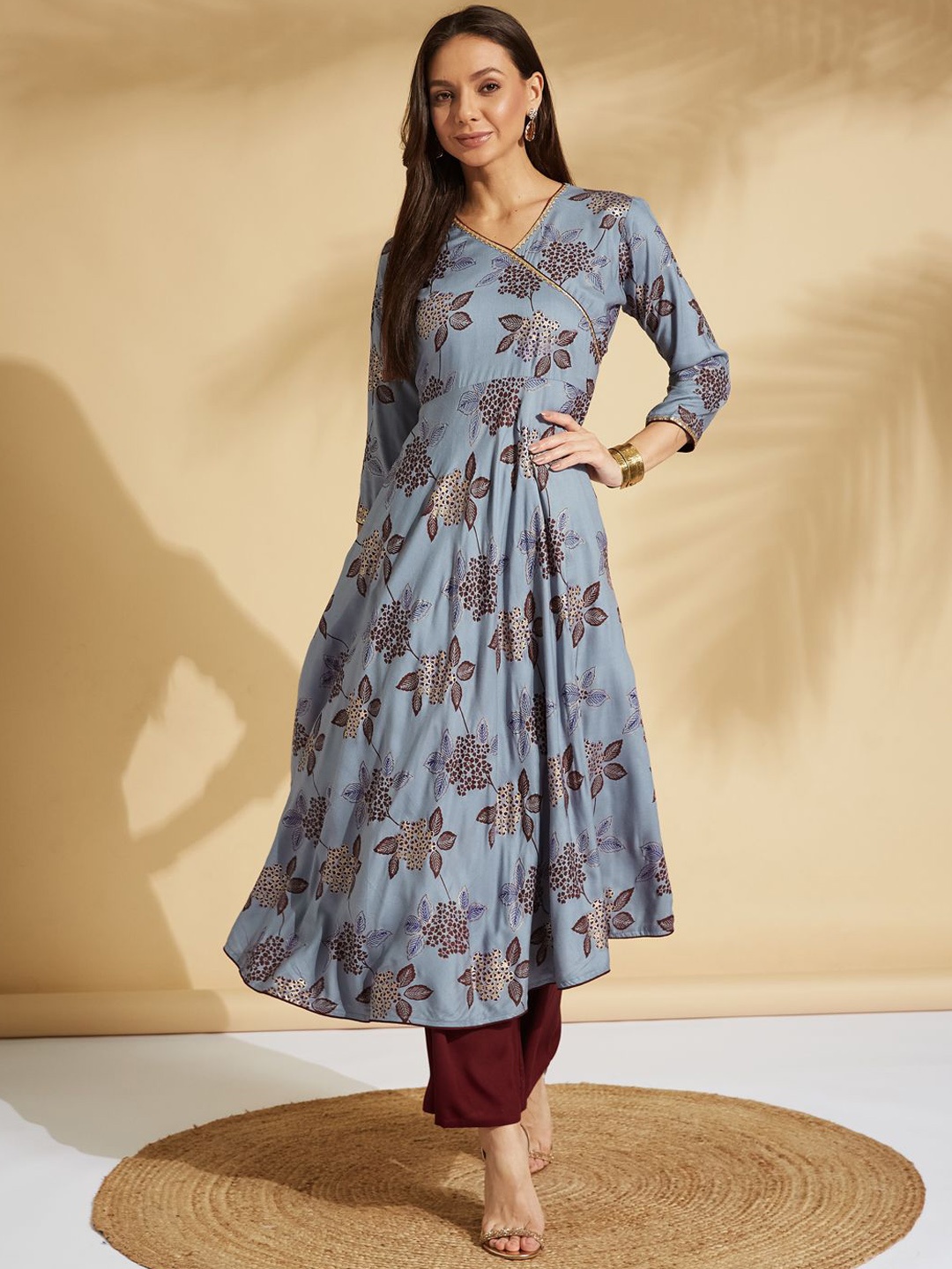 

Fabclub Floral Printed V-Neck Gotta Patti Anarkali Angrakha Kurta, Grey