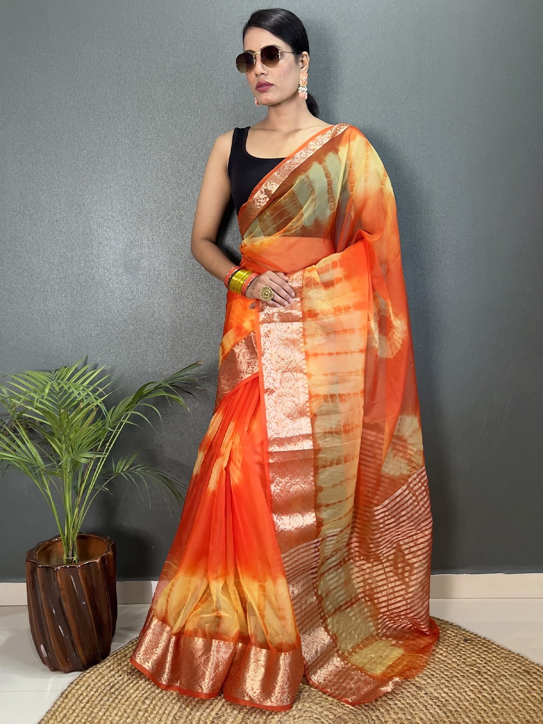 

V3 FASHION STUDIO Tie and Dye Zari Organza Leheriya Saree, Orange