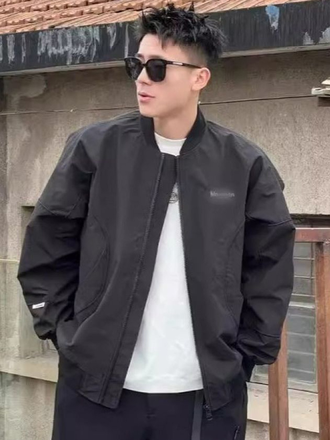 

KPOP Men Typography Open Front Jacket, Black
