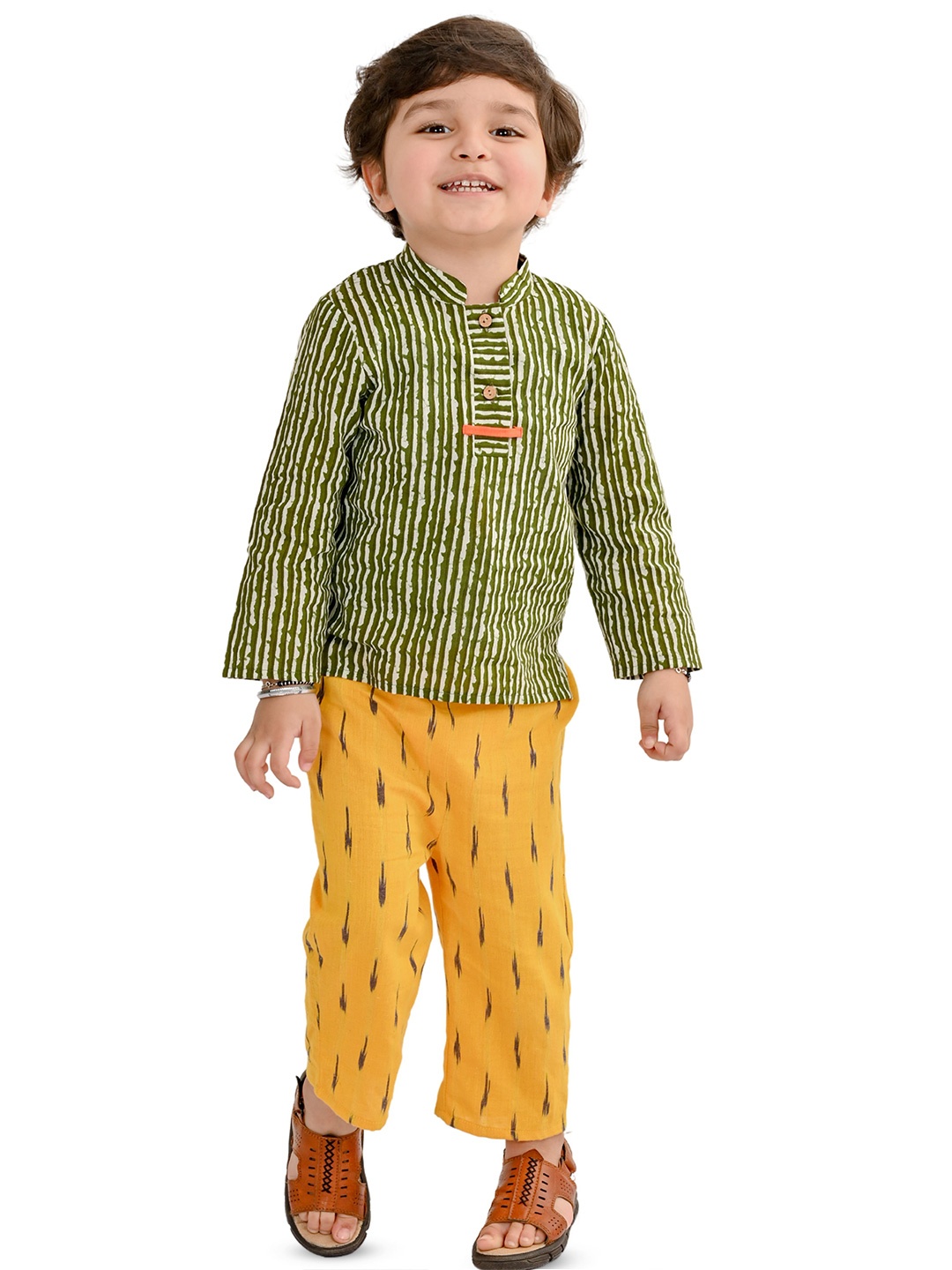 

Tiny Bunnies Boys Striped Mandarin Collar Pure Cotton Shirt With Trousers, Green
