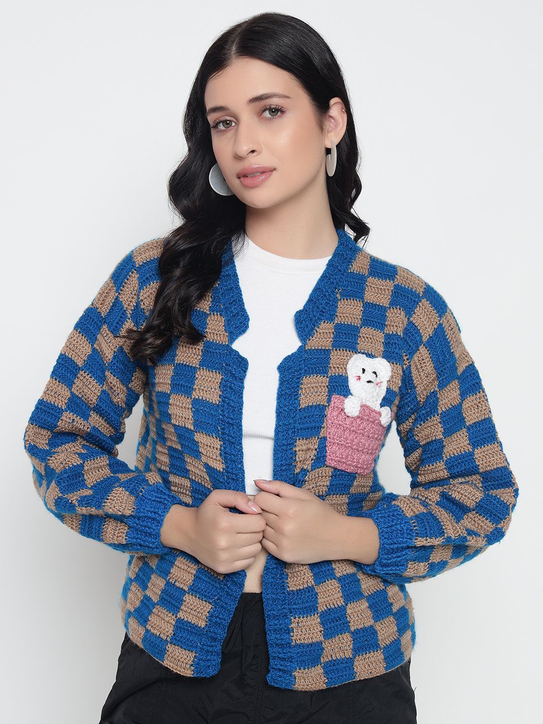 

Sugercandy Women Checked Woollen Cardigan, Blue