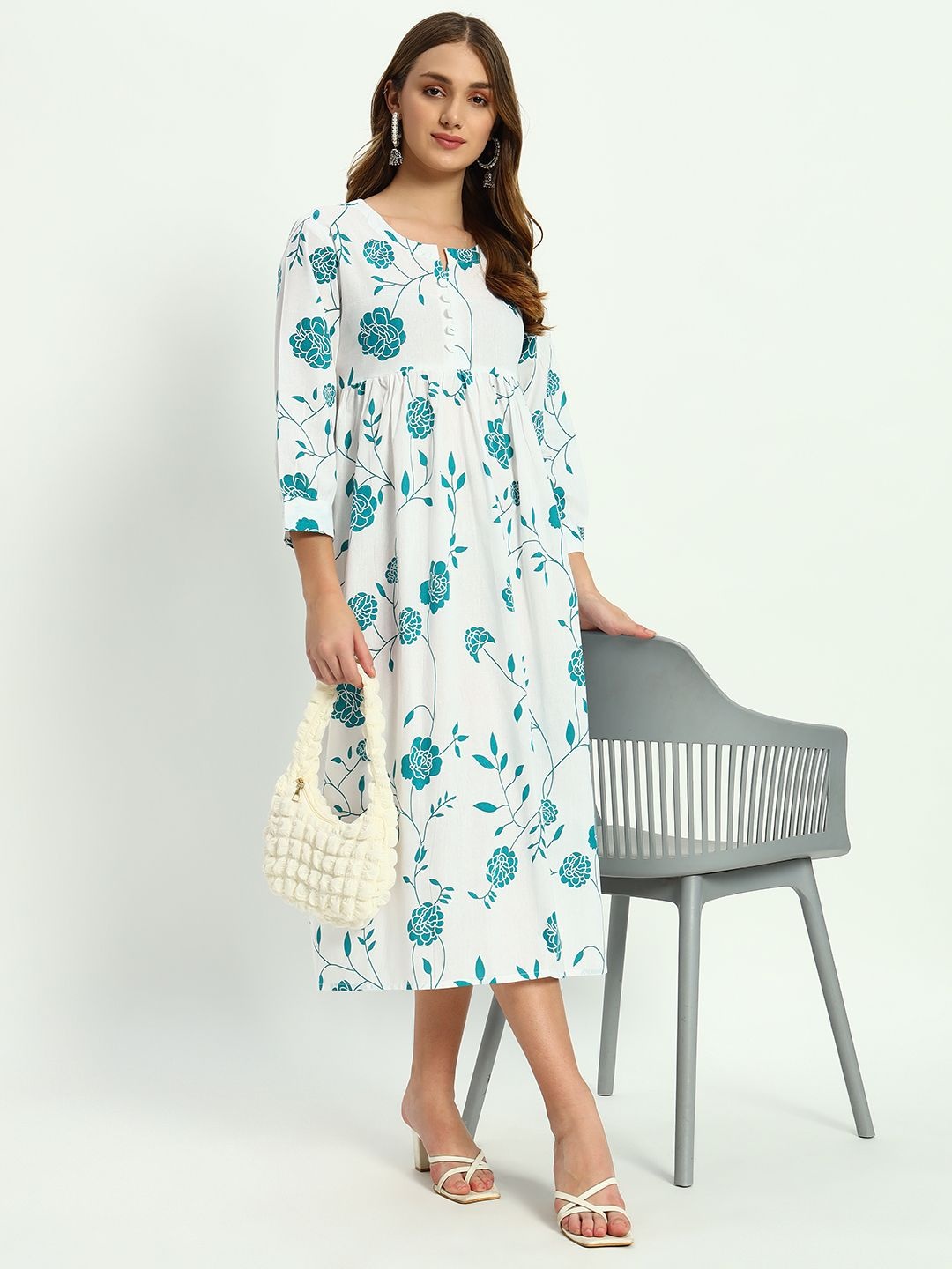 

ASHRU Floral Printed Fit & Flare Ethnic Midi Dress, Turquoise blue