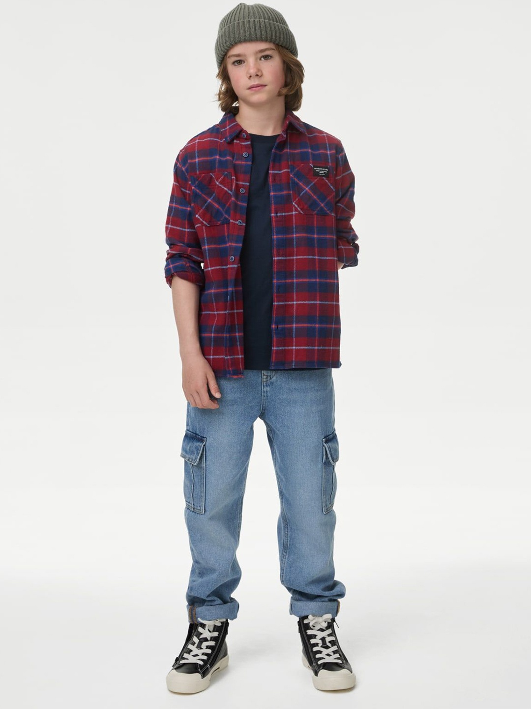 

Marks & Spencer Boys 2 Pieces Checked Pure Cotton Shirt & T-Shirt, Navy blue