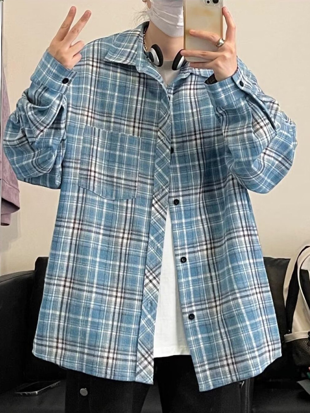 

KPOP Men Comfort Tartan Checks Opaque Checked Casual Shirt, Blue