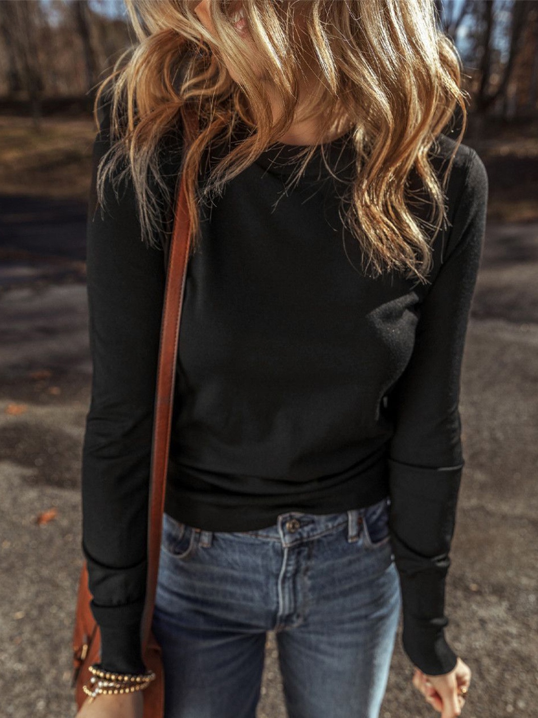 

HERE&NOW Women Solid Round Neck Long Sleeves Pullover, Black