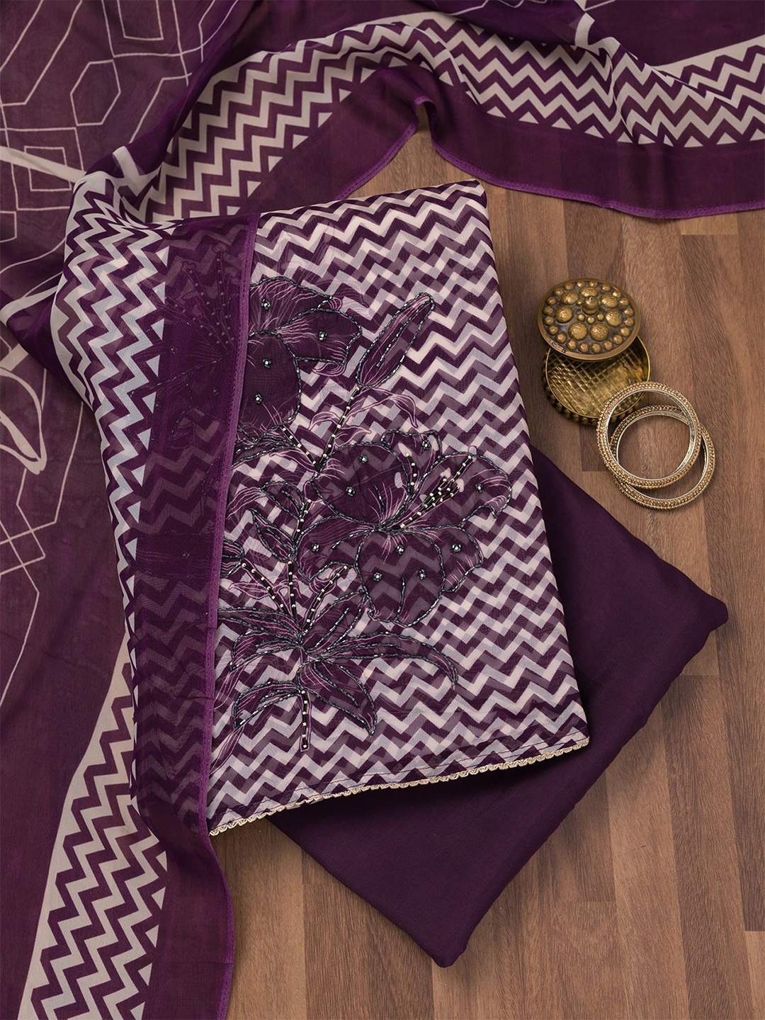 

Koskii Floral Printed Beads and Stones Unstitched Dress Material, Purple