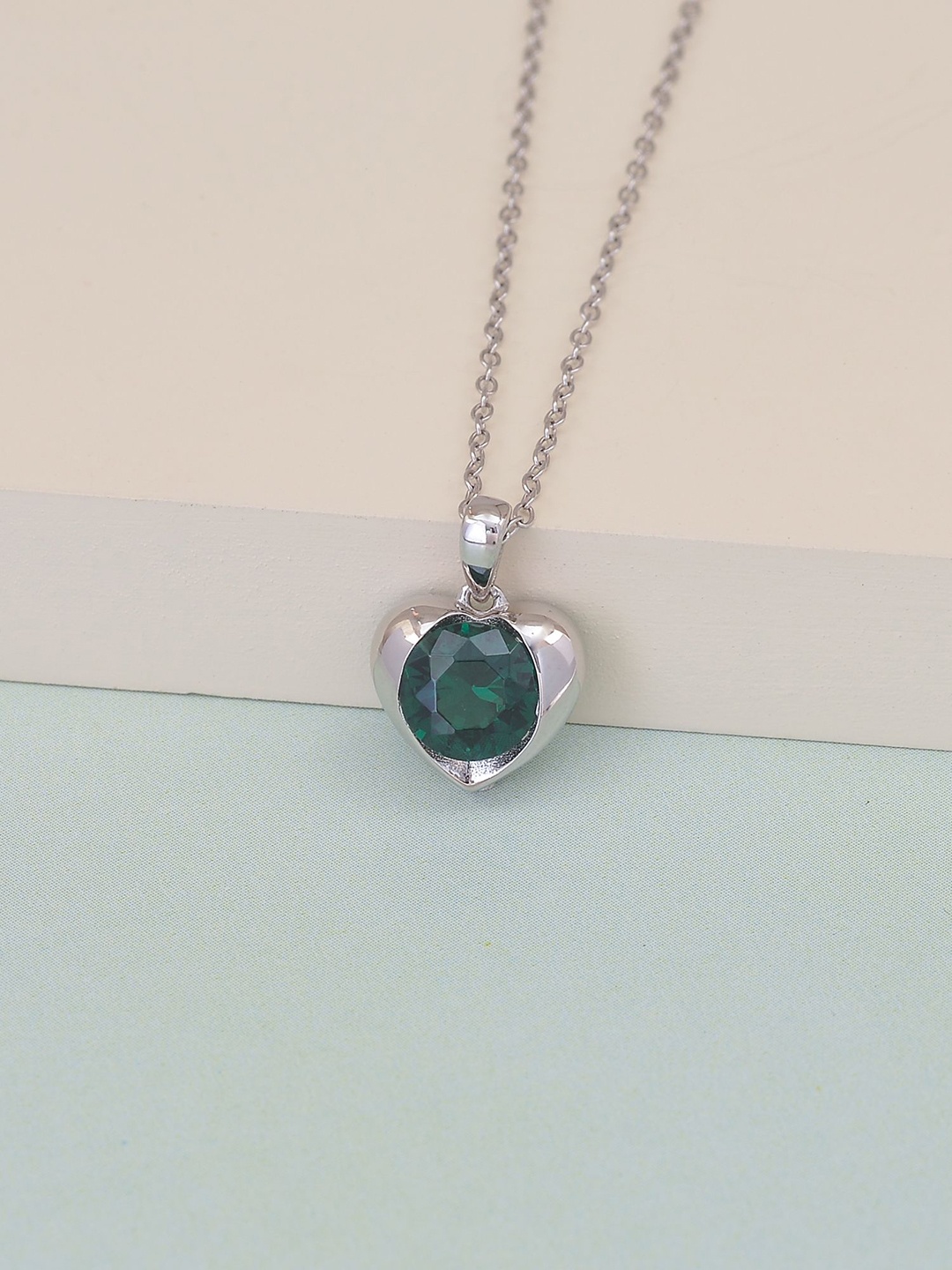 

Ornate Jewels 925 Sterling Silver Rhodium-Plated Emerald Heart Love Pendant With Chain