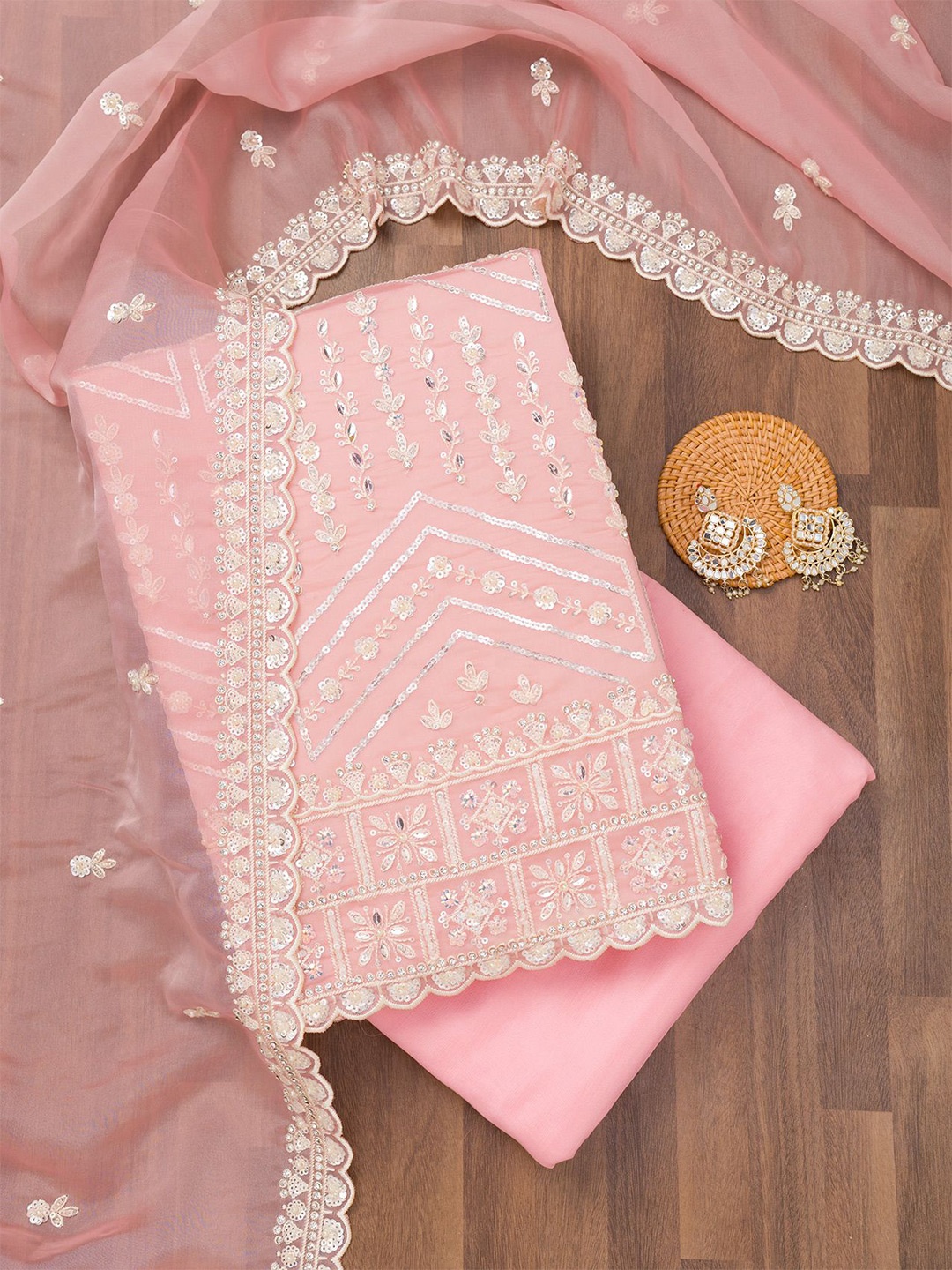 

Koskii Floral Embroidered Sequinned Unstitched Dress Material, Pink