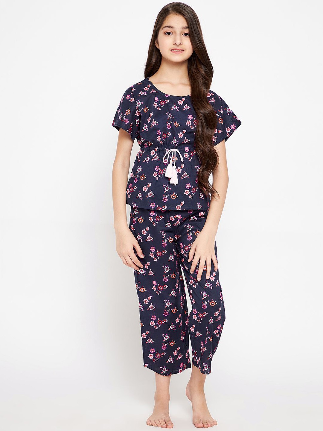 

The Kaftan Company Girls Floral Printed Pure Cotton Night suit, Blue