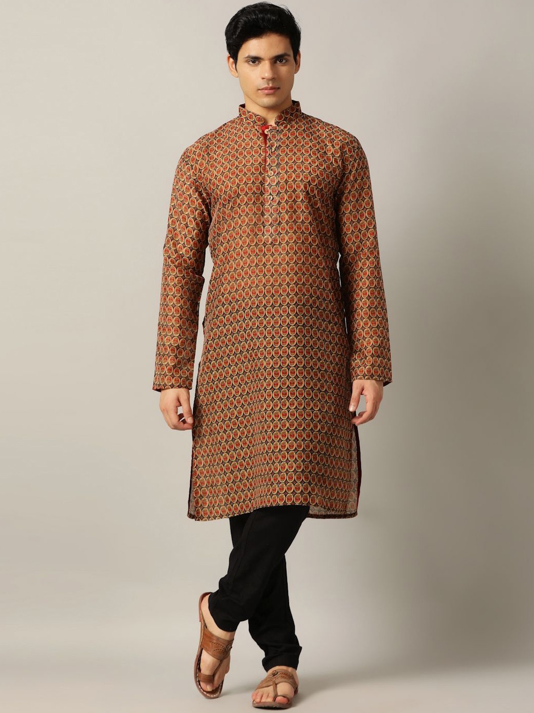 

THE KURTA COMPANY Mandarin Collar Geometric Printed Straight Kurta, Red