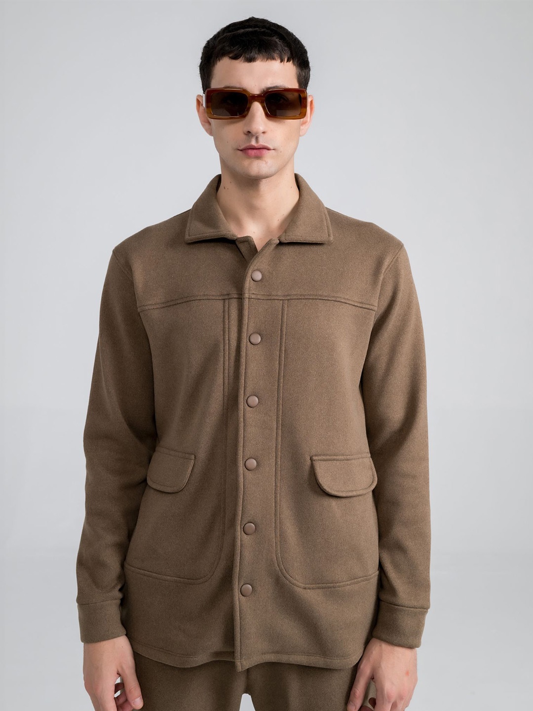 

EDRIO Men Shirt Collar Front-Open Long Sleeves Sweatshirt, Brown