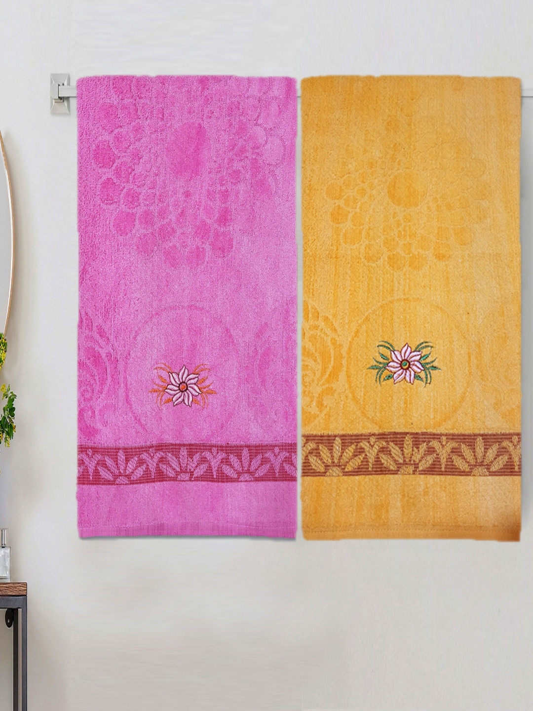 

ANA Yellow & Pink 2 Pieces Floral Printed Cotton 400 GSM Bath Towel