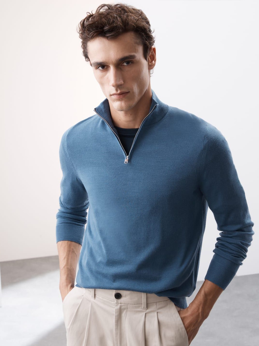 

Marks & Spencer Men Woollen Mock Collar Long Sleeves Casual Pullover Sweaters, Blue