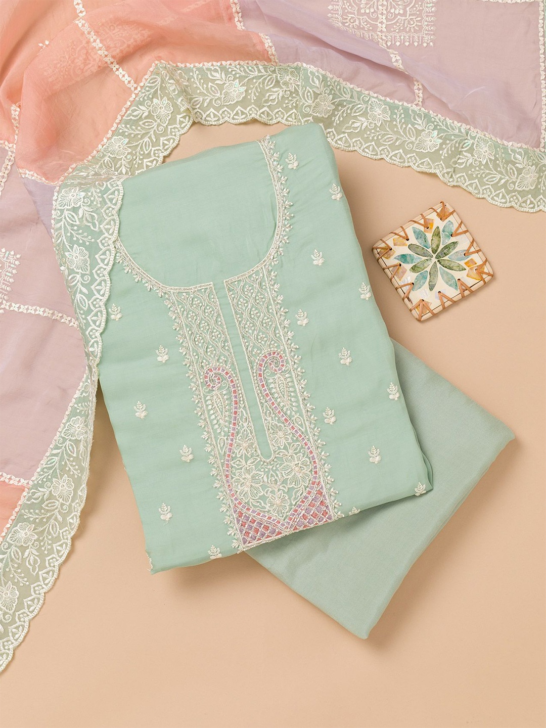

Koskii Ethnic Motifs Embroidered Organza Unstitched Dress Material, Green
