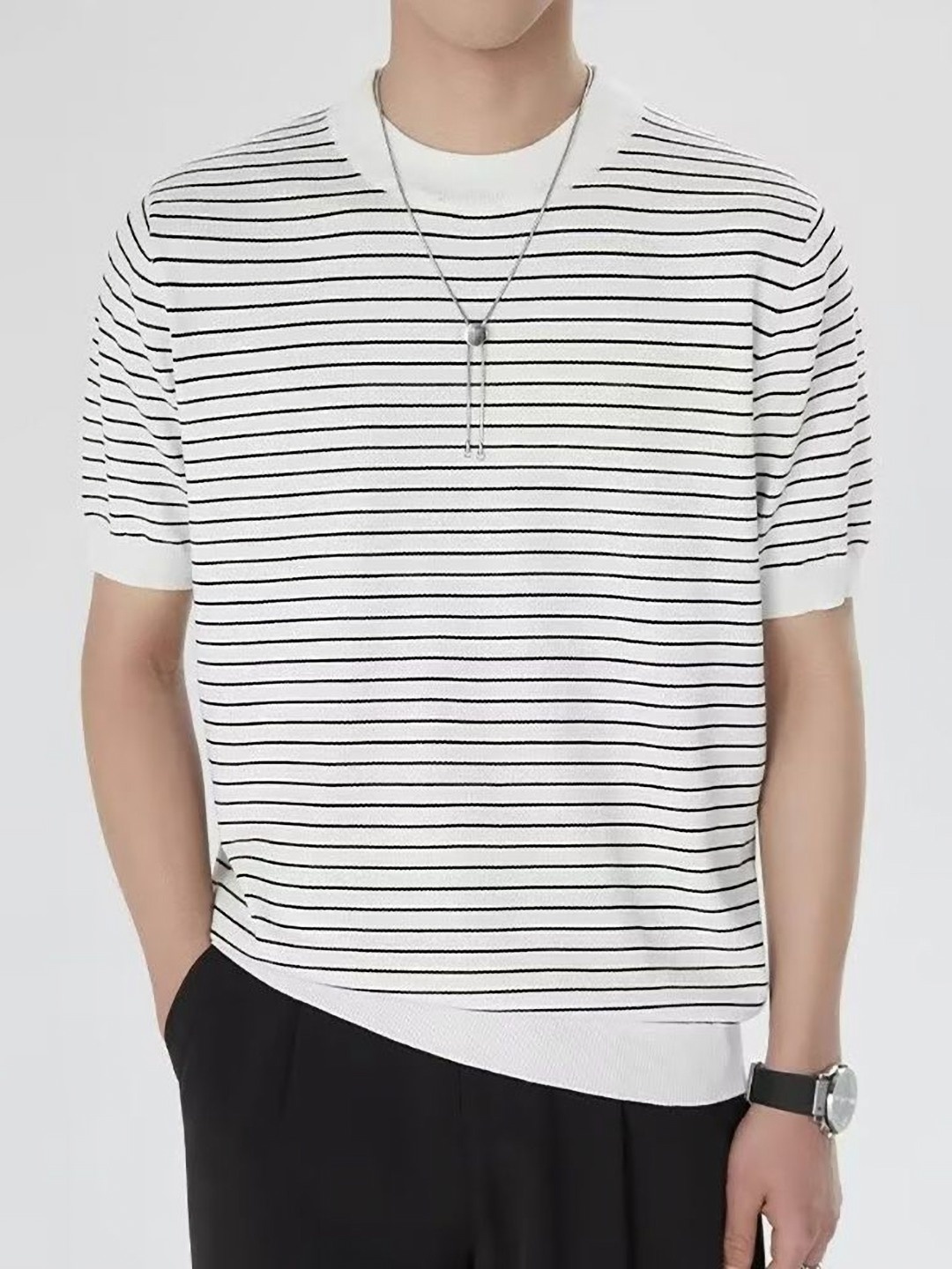 

StyleCast x Revolte Men Striped Round Neck T-shirt, White