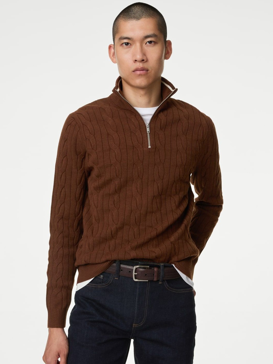 

Marks & Spencer Men Solid Mock Collar Pullover, Red